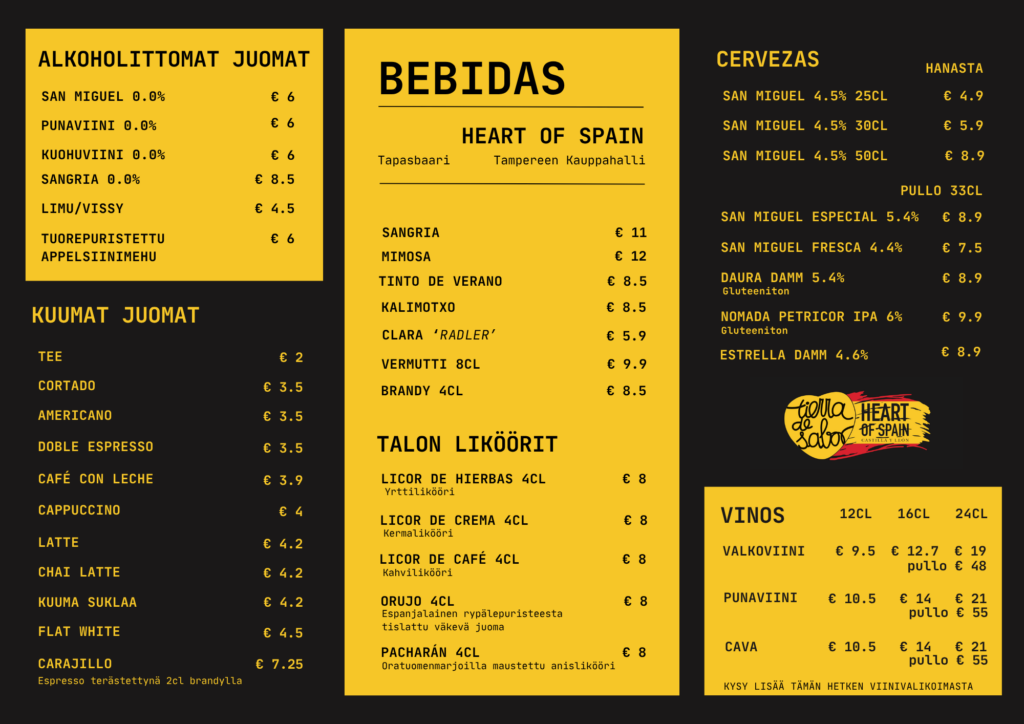 Heart of Spain Tapas Menu Juomat
